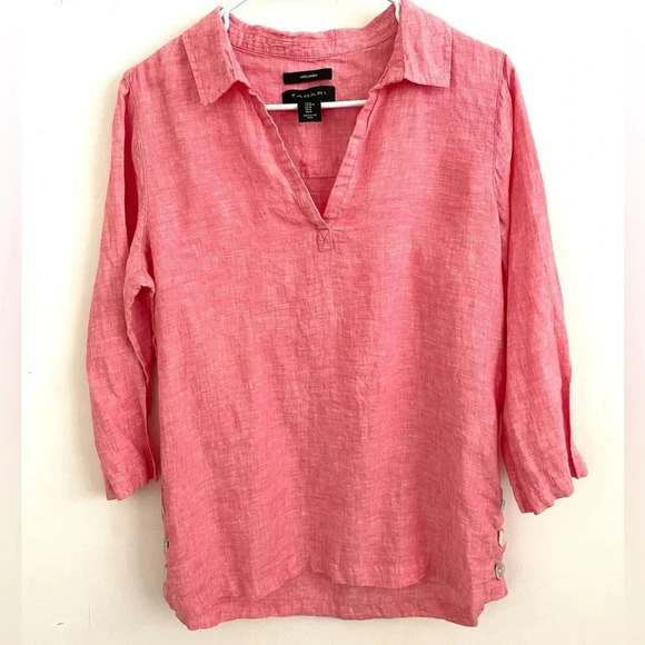 Tahari M Linen Coral Pink/Red  Side Button 3/4 sleeves 
Summer Tunic Top - Picture 1 of 6